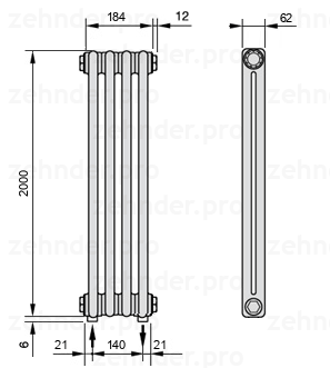 Схема (чертеж) Радиатор Zehnder Charleston 2200/4 №3570 Белый глянцевый RAL 9016
